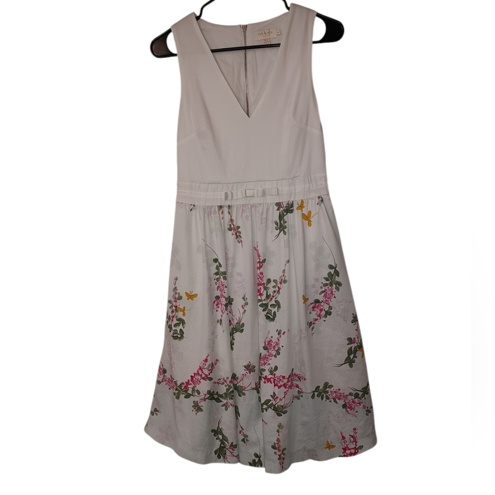 Ted Baker White Floral V-Neck Midi Dress with Pink & Green Floral Print And Bow - Picture 2 of 4